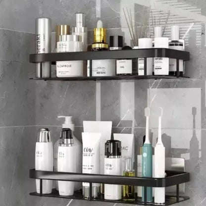 Black Bathroom Shelves with Adhesive Hooks – Strong Wall Storage Organizer for Toiletries and Towels