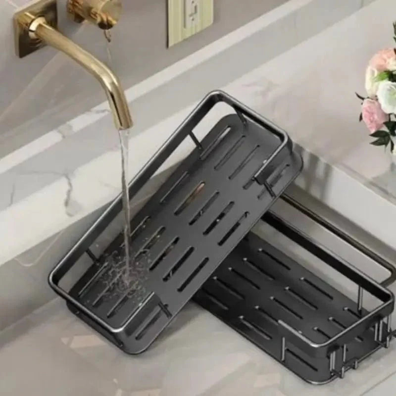 Black Bathroom Shelves with Adhesive Hooks – Strong Wall Storage Organizer for Toiletries and Towels