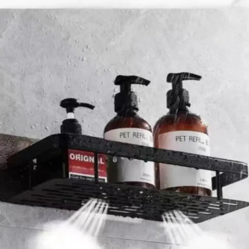 Black Bathroom Shelves with Adhesive Hooks – Strong Wall Storage Organizer for Toiletries and Towels