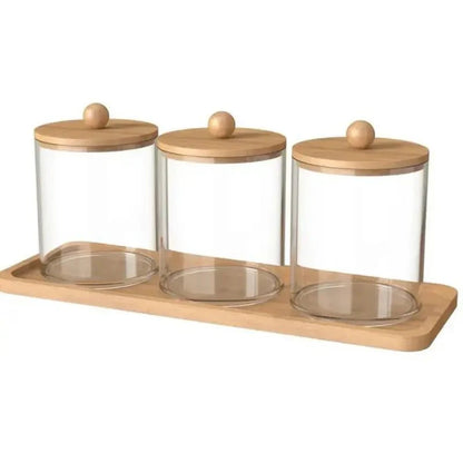 Acrylic Cotton Swab and Cotton Holder Set with Bamboo Tray – Elegant Bathroom Vanity Organizer