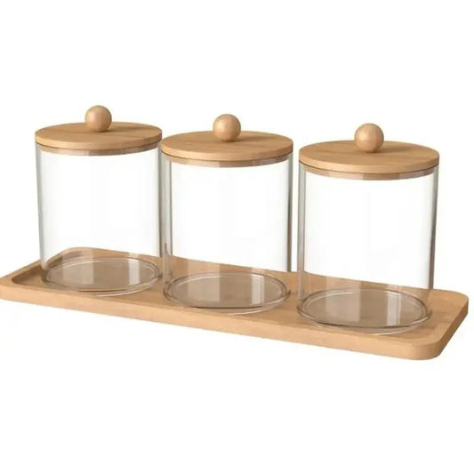 Acrylic Cotton Swab and Cotton Holder Set with Bamboo Tray – Elegant Bathroom Vanity Organizer