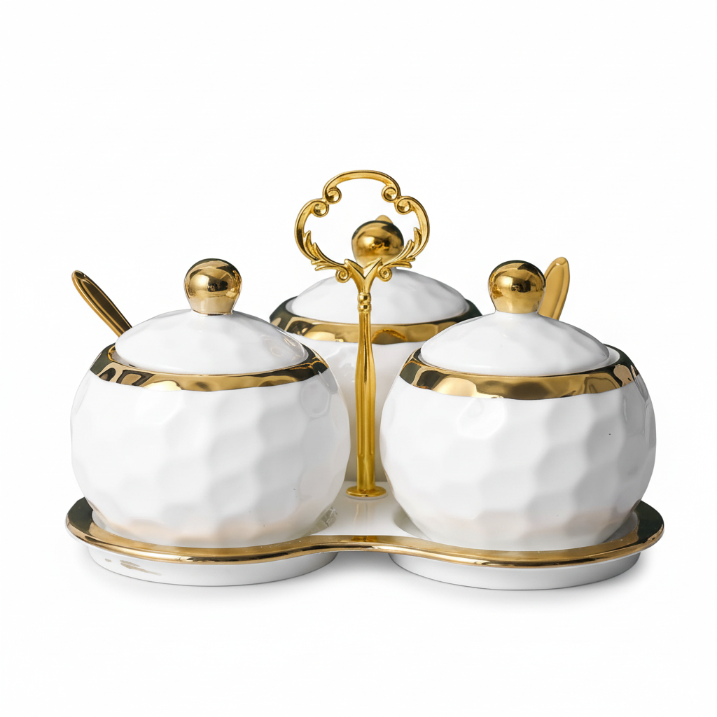 Ceramic Spice Jar Set – Sugar Bowl & Salt Container Kit with Wooden Tray