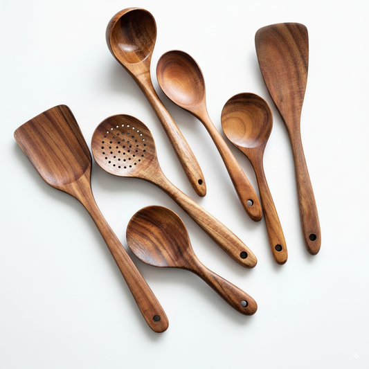 7-Piece Teak Wood Kitchen Utensil Set – Durable Non-Stick Cooking Tools