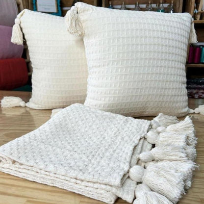 Boho Chic Pompom Pillow Covers – Set of 2 Decorative Cushion Cases for Sofa, Living Room & Bedroom