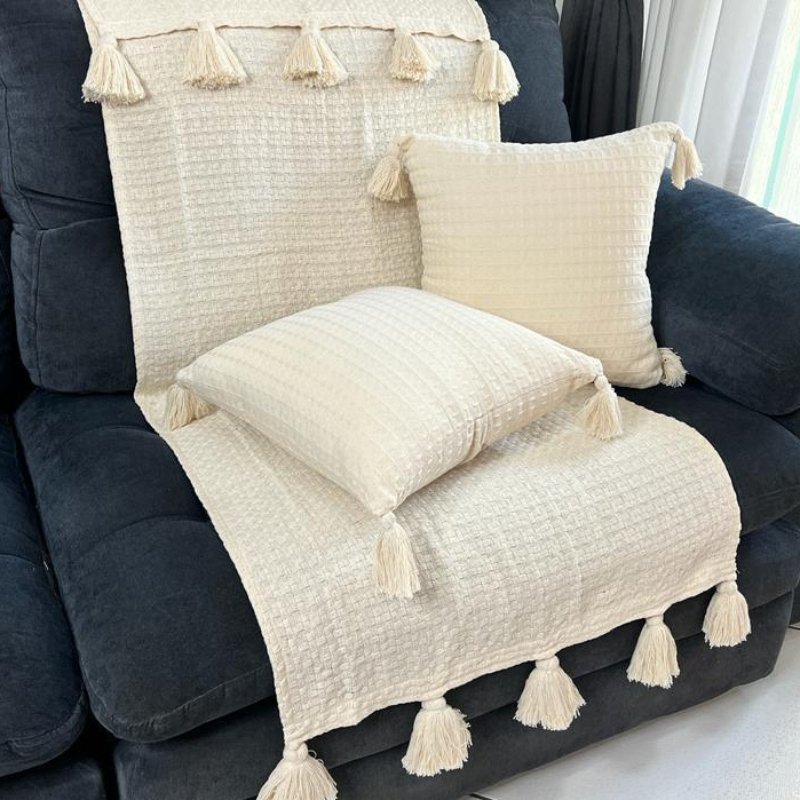 Boho Chic Pompom Pillow Covers – Set of 2 Decorative Cushion Cases for Sofa, Living Room & Bedroom