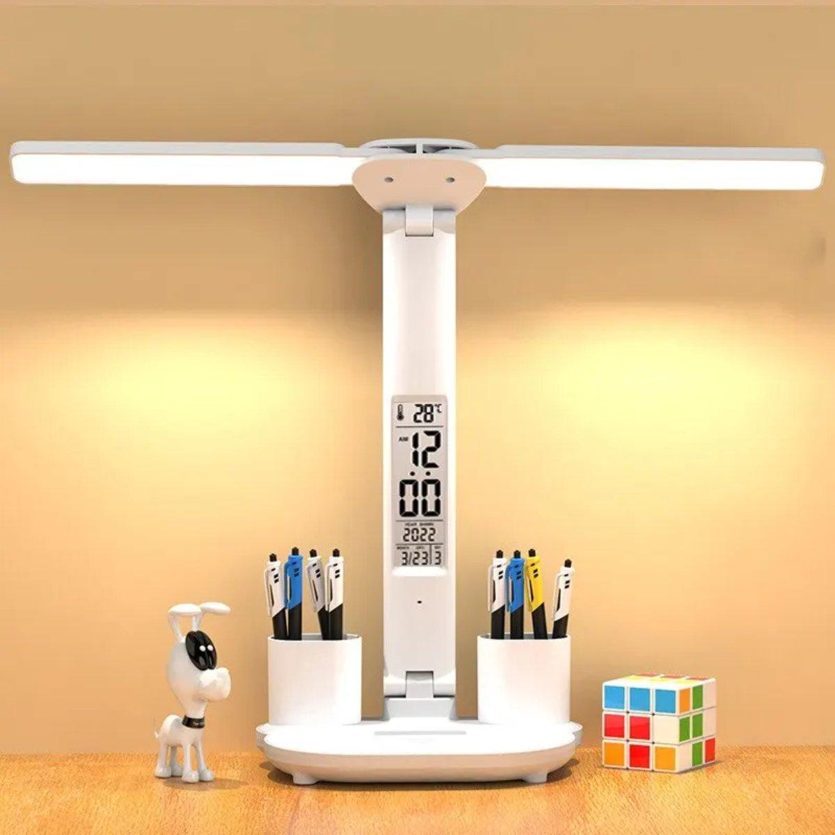 3-in-1 LED Desk Lamp – Adjustable Table Lamp with Clock, Pen Holder & USB Charging Port