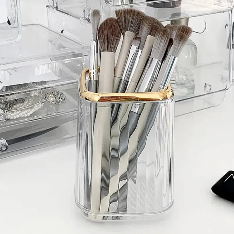 Makeup Brush Organizer with Gold Detail – Elegant Cosmetic Holder for Dressing Table