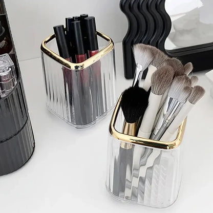 Makeup Brush Organizer with Gold Detail – Elegant Cosmetic Holder for Dressing Table