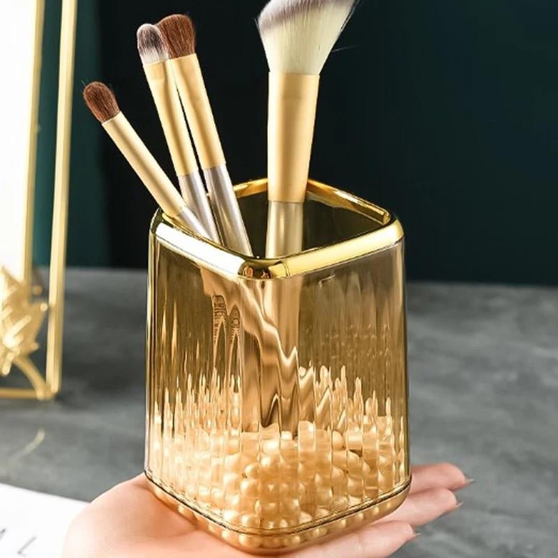 Makeup Brush Organizer with Gold Detail – Elegant Cosmetic Holder for Dressing Table