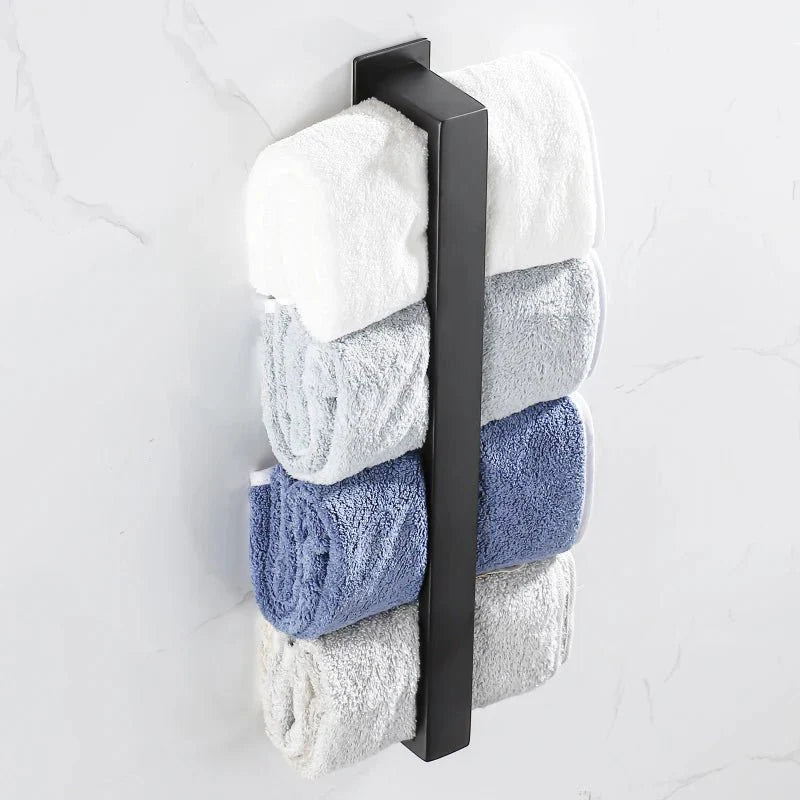 Black Bathroom Towel Holder – No-Drill Wall Mounted Organizer for Towels & Clothes