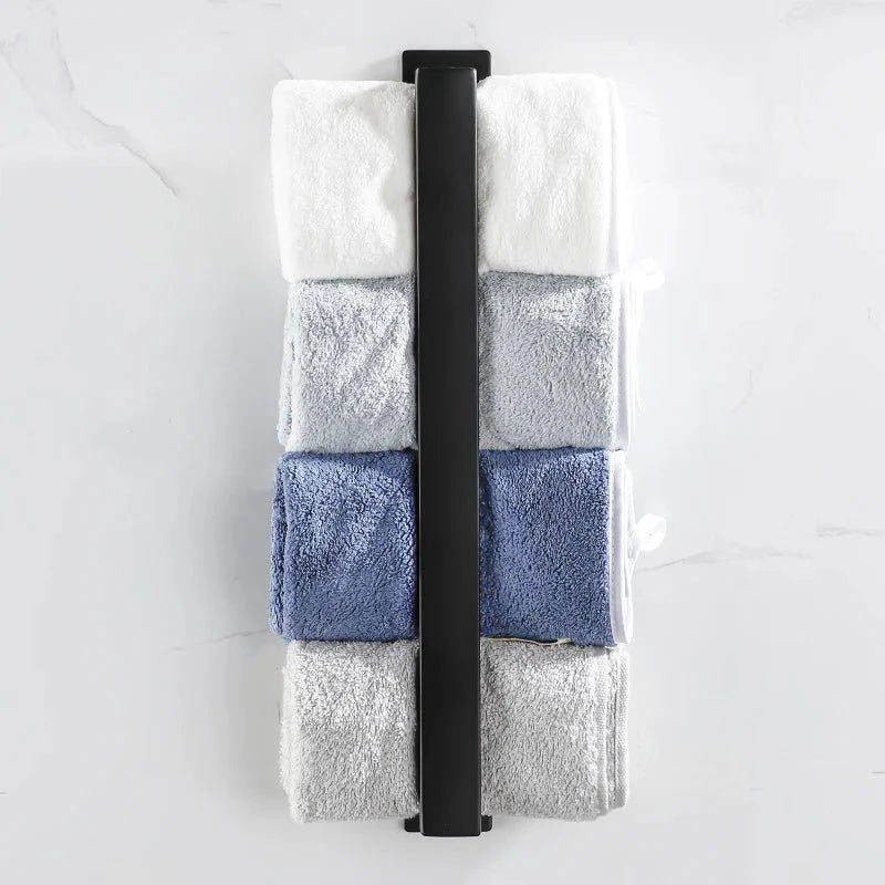 Black Bathroom Towel Holder – No-Drill Wall Mounted Organizer for Towels & Clothes