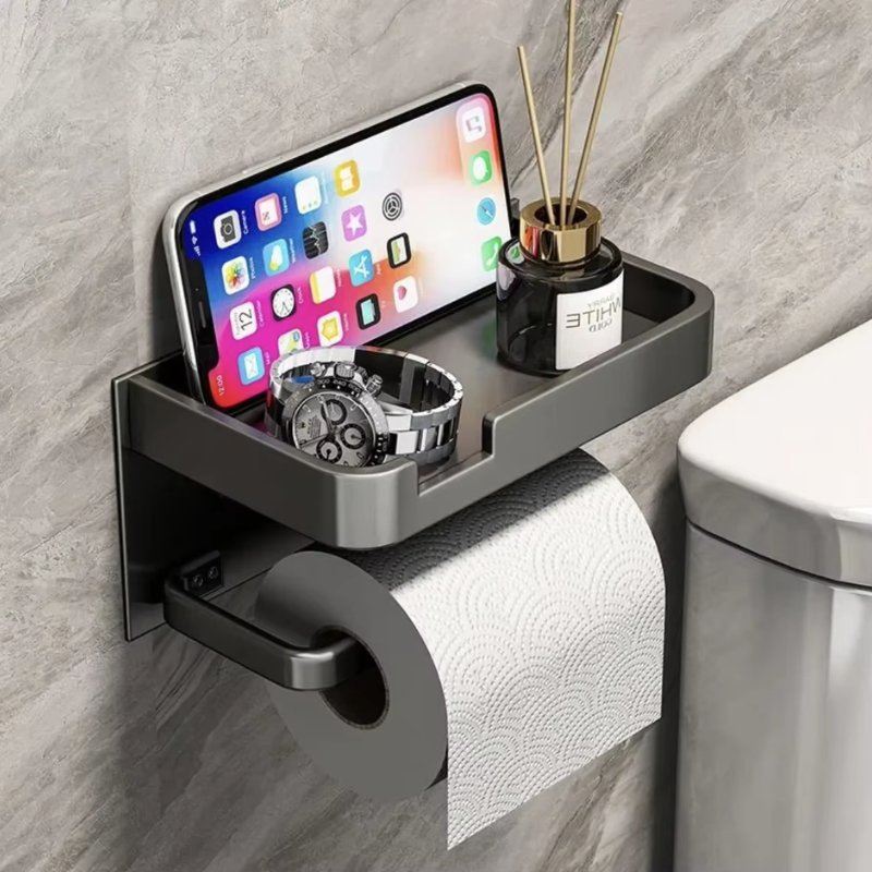 Toilet Paper Holder with Phone Shelf – Stainless Steel Wall Mount, Modern Bathroom Storage