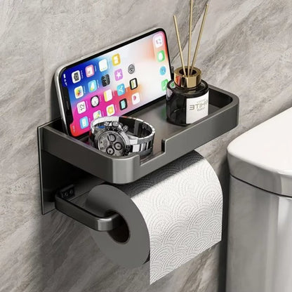 Toilet Paper Holder with Phone Shelf – Stainless Steel Wall Mount, Modern Bathroom Storage