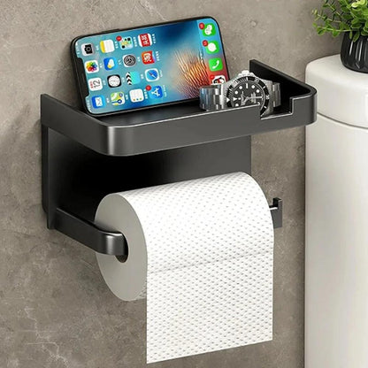 Toilet Paper Holder with Phone Shelf – Stainless Steel Wall Mount, Modern Bathroom Storage