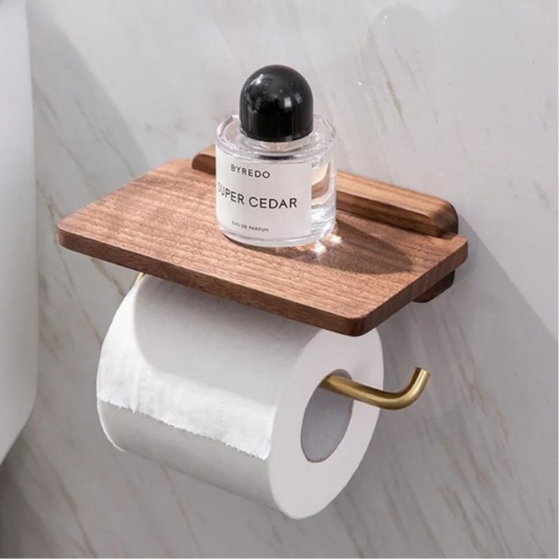 Wood & Gold Toilet Paper Holder – Timeless Luxury Bathroom Decor with Elegant Finish