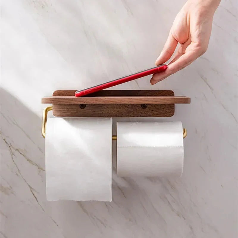 Wood & Gold Toilet Paper Holder – Timeless Luxury Bathroom Decor with Elegant Finish