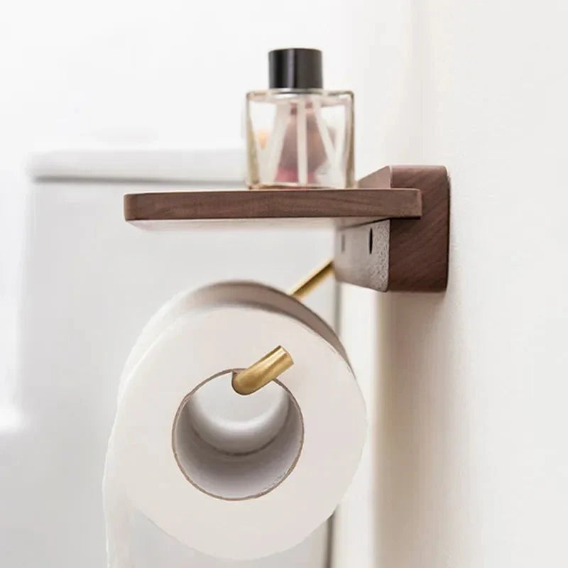 Wood & Gold Toilet Paper Holder – Timeless Luxury Bathroom Decor with Elegant Finish