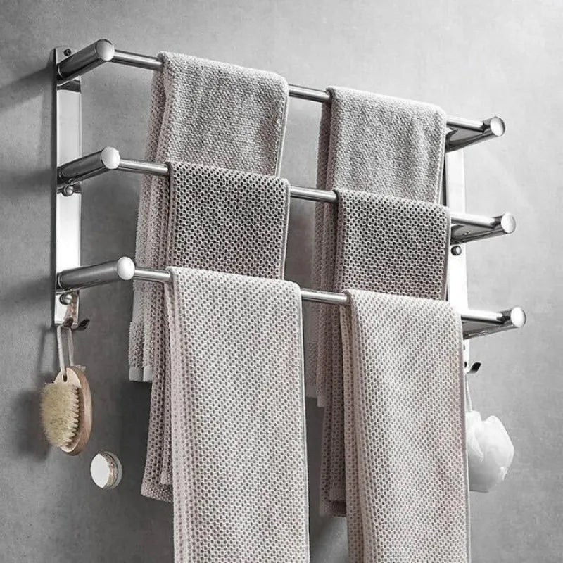 Chrome Bathroom Towel Rack with Hooks – Wall Mounted Space-Saving Storage for Towels