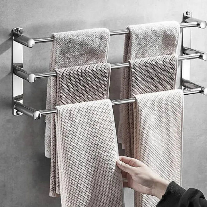 Chrome Bathroom Towel Rack with Hooks – Wall Mounted Space-Saving Storage for Towels