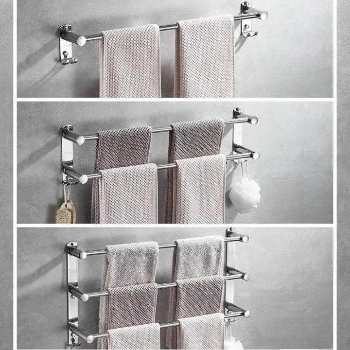 Chrome Bathroom Towel Rack with Hooks – Wall Mounted Space-Saving Storage for Towels