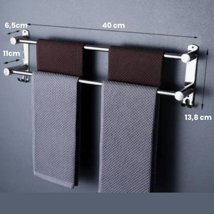 Chrome Bathroom Towel Rack with Hooks – Wall Mounted Space-Saving Storage for Towels